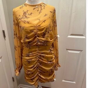 Vici Women's Floral Ruched Long Sleeve Yellow Minidress Size M